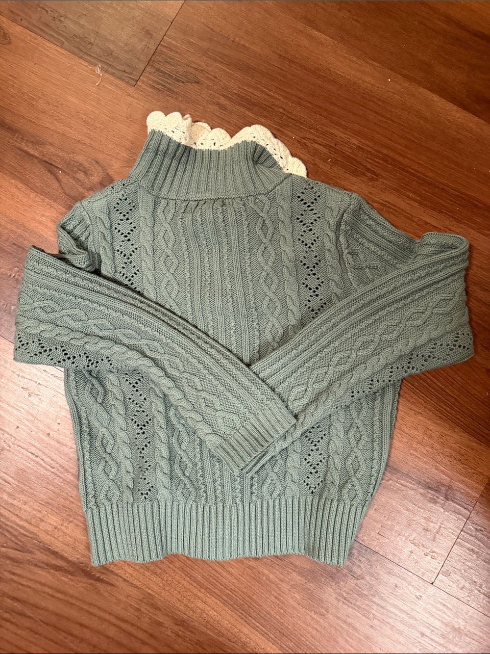 Jessica Simpson Sage Green Cable-Knit Button Cardigan with Cream Lace Trim - Picture 6 of 9